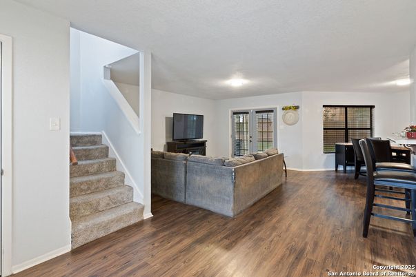 Dining room, Interior, Living room, Recessed Lighting, Wood Texture Flooring
