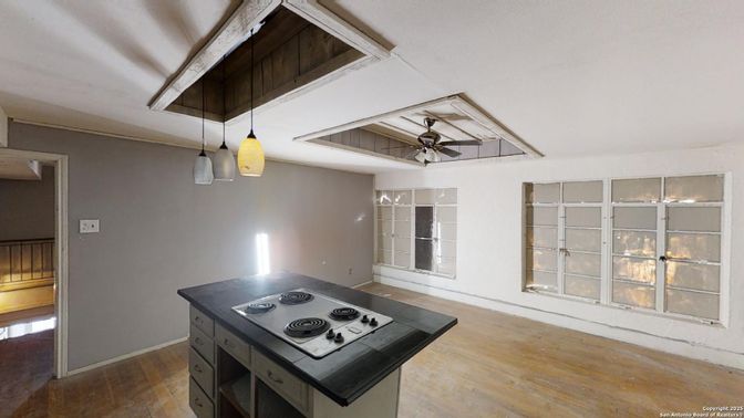 Empty room, Interior, Kitchen, Pendant Lights, Wood Texture Flooring