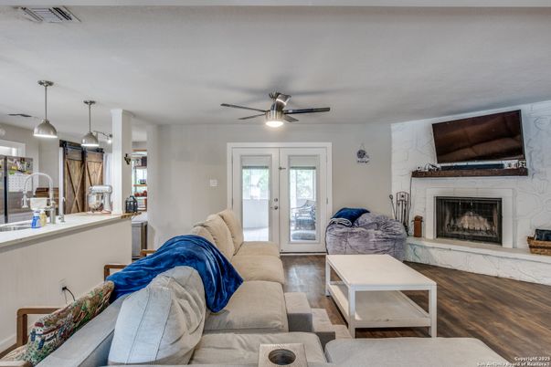 Fireplace, Interior, Living room, Pendant Lights, Wood Texture Flooring