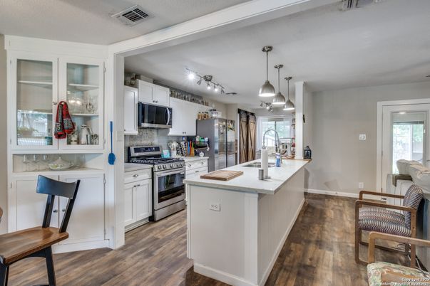 Interior, Kitchen, Pendant Lights, Stainless Steel Appliances, Wood Texture Flooring
