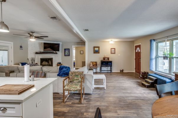 Fireplace, Interior, Living room, Pendant Lights, Wood Texture Flooring