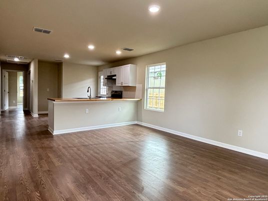 Empty room, Interior, Kitchen, Recessed Lighting, Wood Texture Flooring