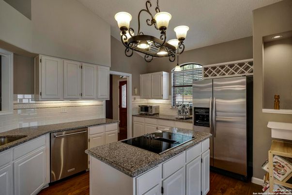 Chandelier, Interior, Kitchen, Stainless Steel Appliances, Wood Texture Flooring
