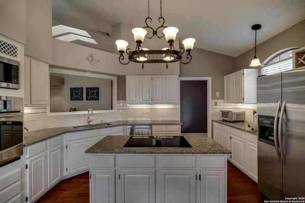 Chandelier, Interior, Kitchen, Pendant Lights, Stainless Steel Appliances, Wood Texture Flooring