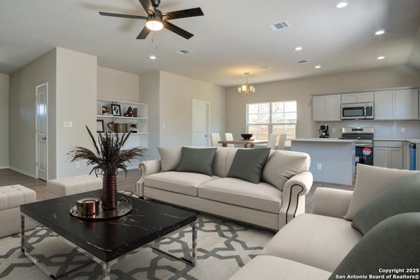 Chandelier, Dining room, Interior, Kitchen, Living room, Recessed Lighting, Stainless Steel Appliances
