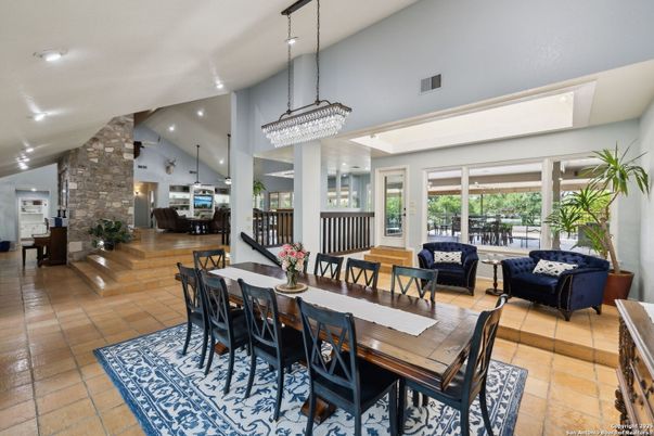 Chandelier, Dining room, Interior, Living room, Pendant Lights, Recessed Lighting, Stone Walls