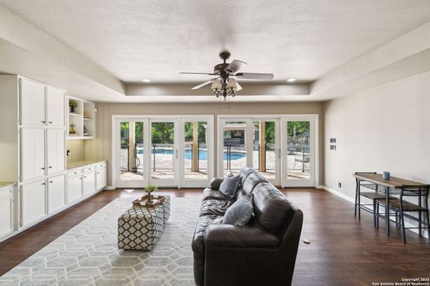 Dining room, Interior, Living room, Recessed Lighting, Water, Wood Texture Flooring