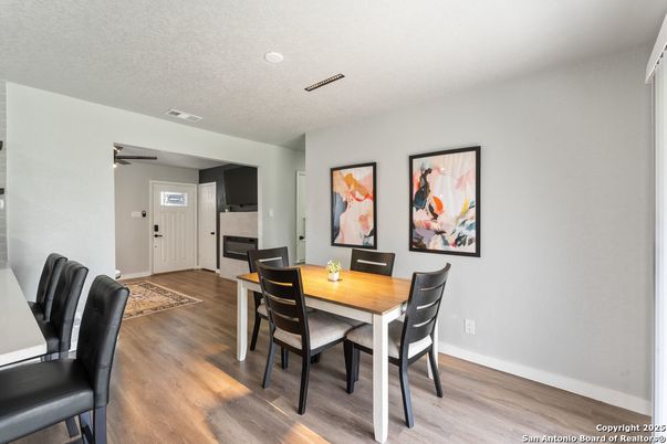 Dining room, Interior, Recessed Lighting, Wood Texture Flooring