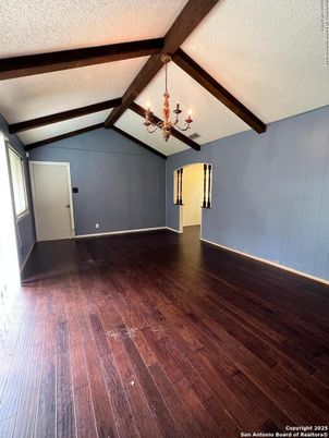 Chandelier, Empty room, Interior, Wooden Beams, Wood Texture Flooring