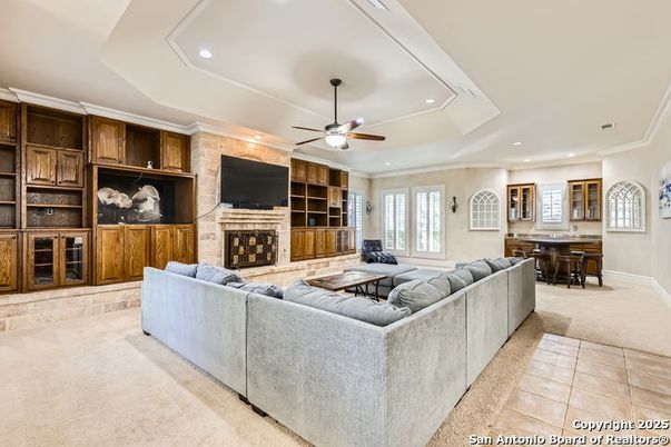 Fireplace, Interior, Living room, Recessed Lighting, Stone Walls