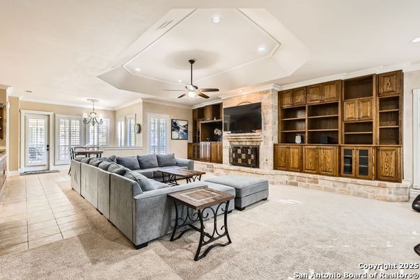 Chandelier, Dining room, Fireplace, Interior, Living room, Recessed Lighting