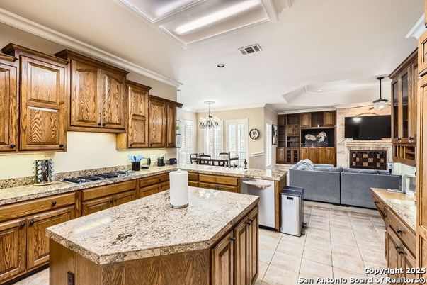 Chandelier, Dining room, Fireplace, Interior, Kitchen, Living room, Recessed Lighting