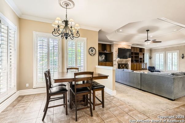 Chandelier, Dining room, Fireplace, Interior, Living room, Recessed Lighting
