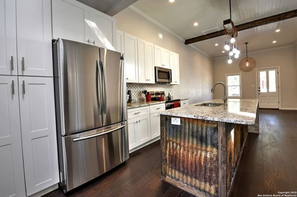 Interior, Kitchen, Pendant Lights, Recessed Lighting, Stainless Steel Appliances, Wooden Beams, Wood Texture Flooring