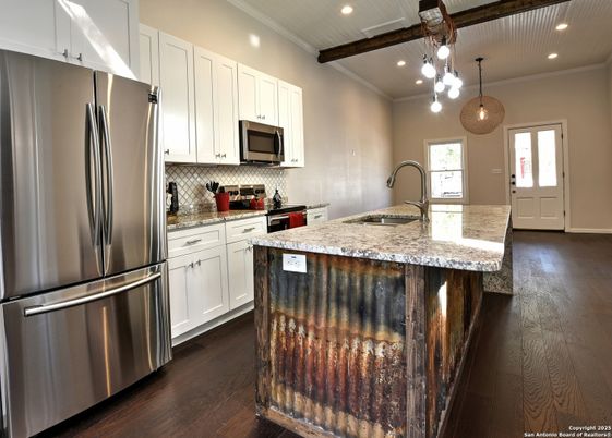 Interior, Kitchen, Pendant Lights, Recessed Lighting, Stainless Steel Appliances, Wooden Beams, Wood Texture Flooring