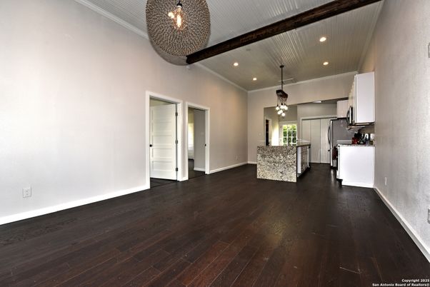 Interior, Kitchen, Pendant Lights, Recessed Lighting, Wood Texture Flooring