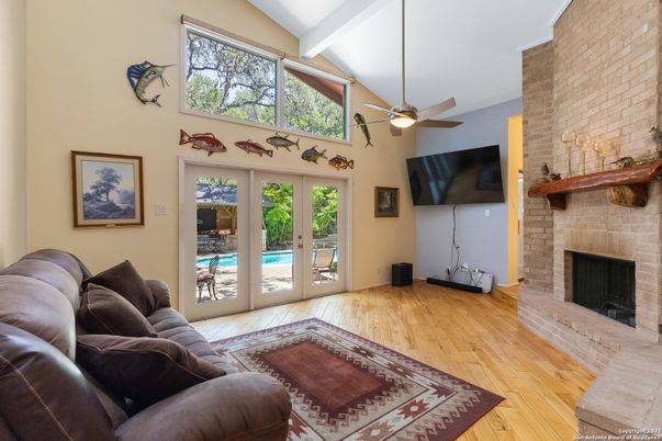 Fireplace, Interior, Living room, Stone Walls, Wood Texture Flooring