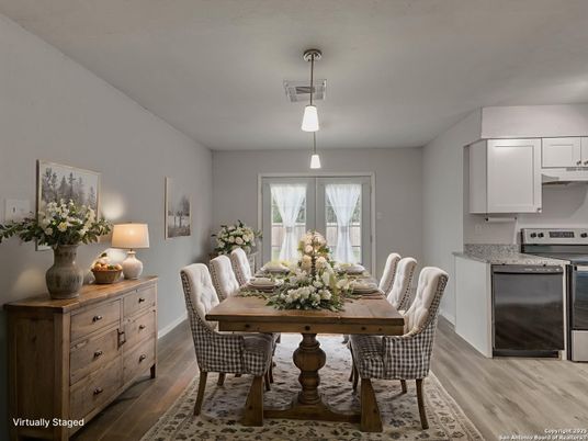 Dining room, Interior, Kitchen, Pendant Lights, Wood Texture Flooring