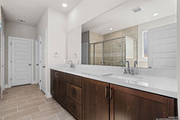Bathroom, Dual Sink Vanities, Glass Shower, Interior, Recessed Lighting