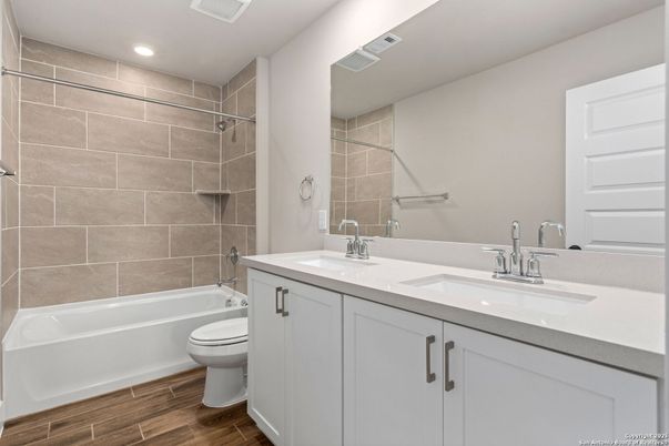 Bathroom, Dual Sink Vanities, Interior, Recessed Lighting, Wood Texture Flooring