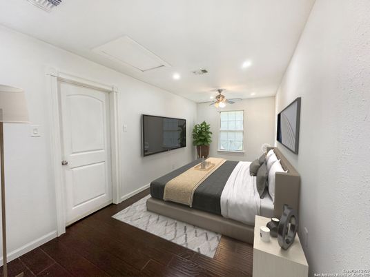 Bedroom, Interior, Recessed Lighting, Wood Texture Flooring