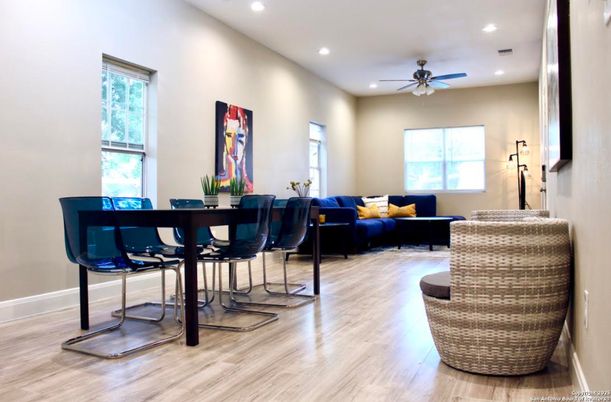 Dining room, Interior, Living room, Recessed Lighting, Wood Texture Flooring