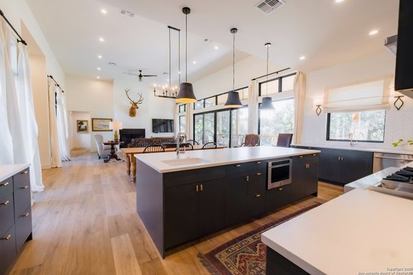 Dining room, Interior, Kitchen, Pendant Lights, Recessed Lighting, Wood Texture Flooring