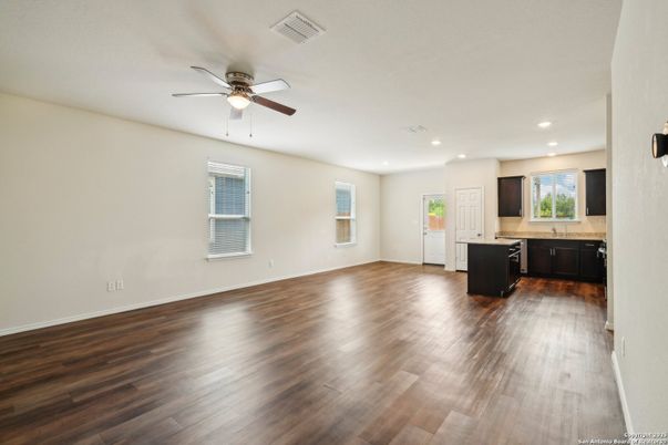 Empty room, Interior, Kitchen, Recessed Lighting, Wood Texture Flooring