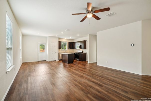 Empty room, Interior, Kitchen, Recessed Lighting, Wood Texture Flooring