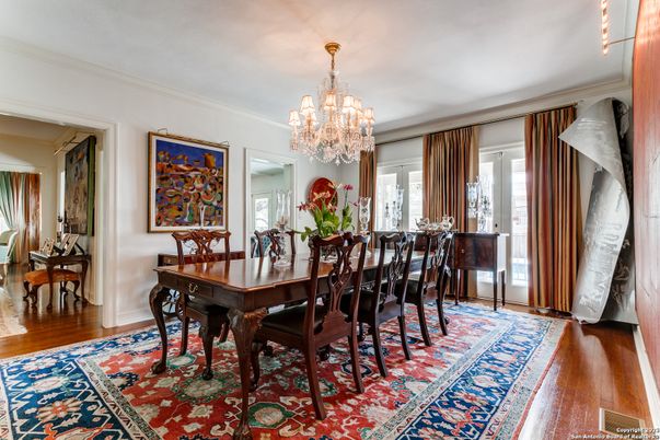 Chandelier, Dining room, Interior, Wood Texture Flooring