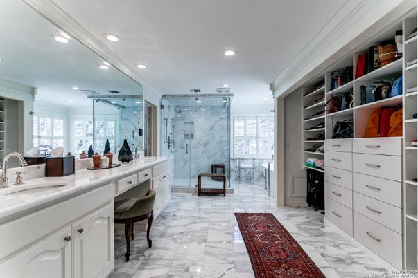 Bathroom, Dual Sink Vanities, Free Standing Baths, Glass Shower, Interior, Marble, Marble Walls, Recessed Lighting