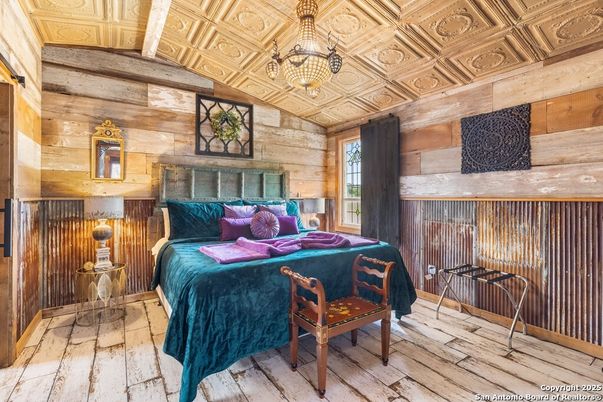 Bedroom, Interior, Pendant Lights, Wood Texture Flooring, Wooden Walls