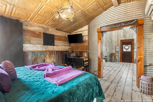 Bedroom, Fireplace, Interior, Pendant Lights, Wooden Ceilings, Wooden Walls