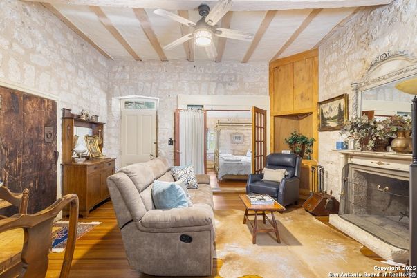 Fireplace, Interior, Living room, Stone Walls, Wood Texture Flooring