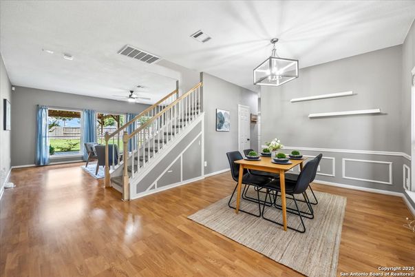 Dining room, Interior, Pendant Lights, Wood Texture Flooring