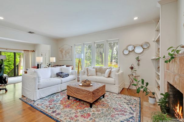 Fireplace, Interior, Living room, Recessed Lighting, Wood Texture Flooring