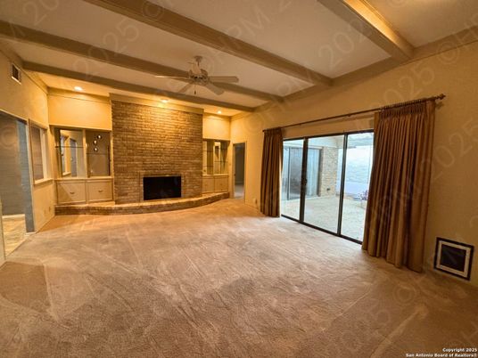 Empty room, Fireplace, Interior, Recessed Lighting, Stone Walls