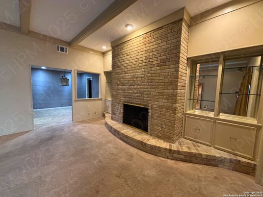 Empty room, Fireplace, Interior, Recessed Lighting, Stone Walls