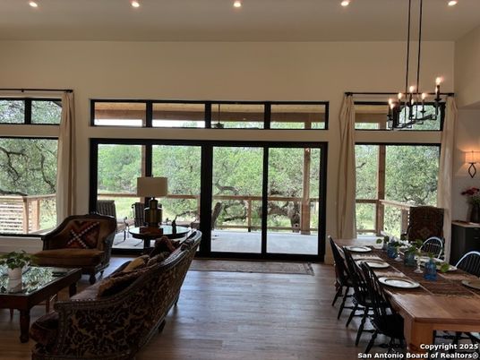 Chandelier, Dining room, Interior, Living room, Pendant Lights, Recessed Lighting, Wood Texture Flooring