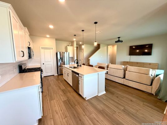 Interior, Kitchen, Living room, Pendant Lights, Recessed Lighting, Stainless Steel Appliances, Wood Texture Flooring