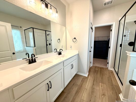 Bathroom, Dual Sink Vanities, Glass Shower, Interior, Wood Texture Flooring