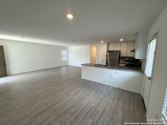 Empty room, Interior, Kitchen, Recessed Lighting, Wood Texture Flooring