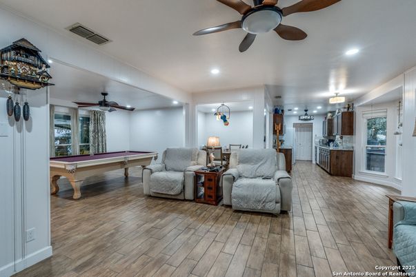 Billiard Table, Game Room, Interior, Living room, Recessed Lighting, Wood Texture Flooring