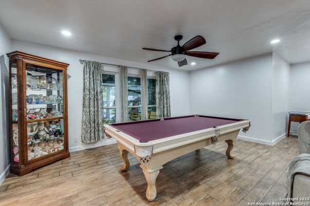 Billiard Table, Game Room, Interior, Recessed Lighting, Wood Texture Flooring