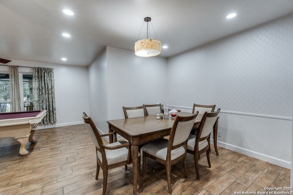 Billiard Table, Dining room, Game Room, Interior, Pendant Lights, Recessed Lighting, Wood Texture Flooring