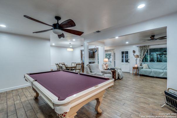 Billiard Table, Game Room, Interior, Recessed Lighting, Wood Texture Flooring