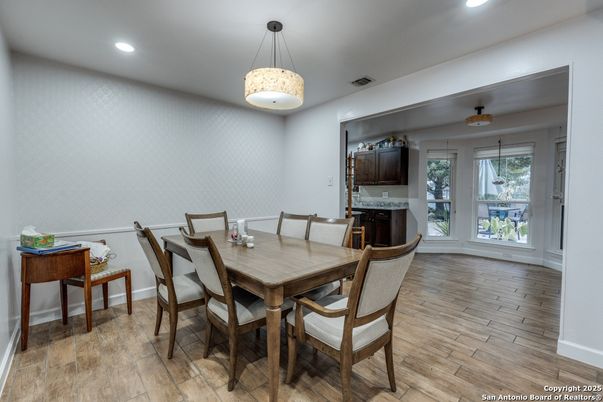 Dining room, Interior, Pendant Lights, Recessed Lighting, Wood Texture Flooring
