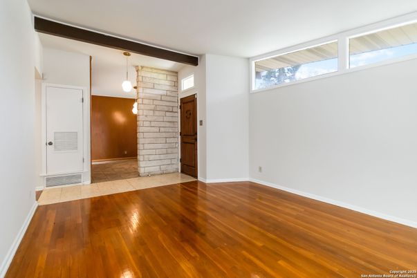 Empty room, Interior, Pendant Lights, Stone Walls, Wood Texture Flooring