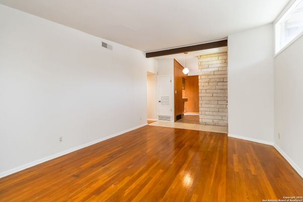 Empty room, Fireplace, Interior, Stone Walls, Wood Texture Flooring