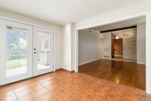 Empty room, Interior, Pendant Lights, Recessed Lighting, Stone Walls, Wood Texture Flooring